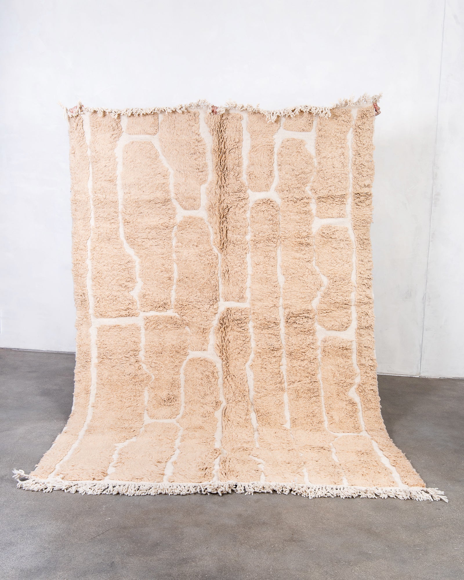Modern, designer, handcrafted Berber rug from Morocco. Beniourain carpet with beautiful colours and patterns and fluffy wool texture.